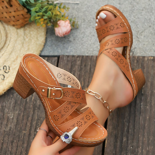 Women's Summer Cutout Chunky Heel Sandals – Stylish Comfort for Mature Feet
