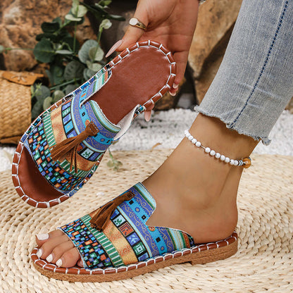 Women's Boho Tassel Sandals – Ethnic Style Summer Flats with Fringe Details