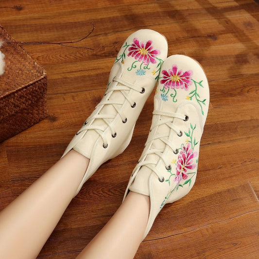 Women's Ethnic Embroidered Wedge Ankle Boots – Boho Style with Oxford Sole
