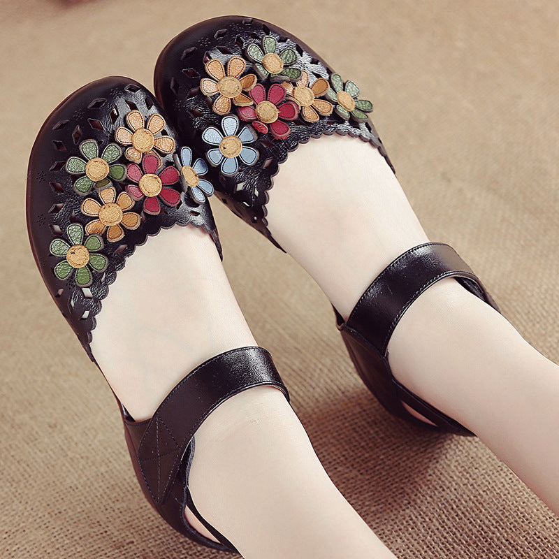 Women’s Handmade Leather Sandals – Floral Comfort Soft Sole Summer Shoes