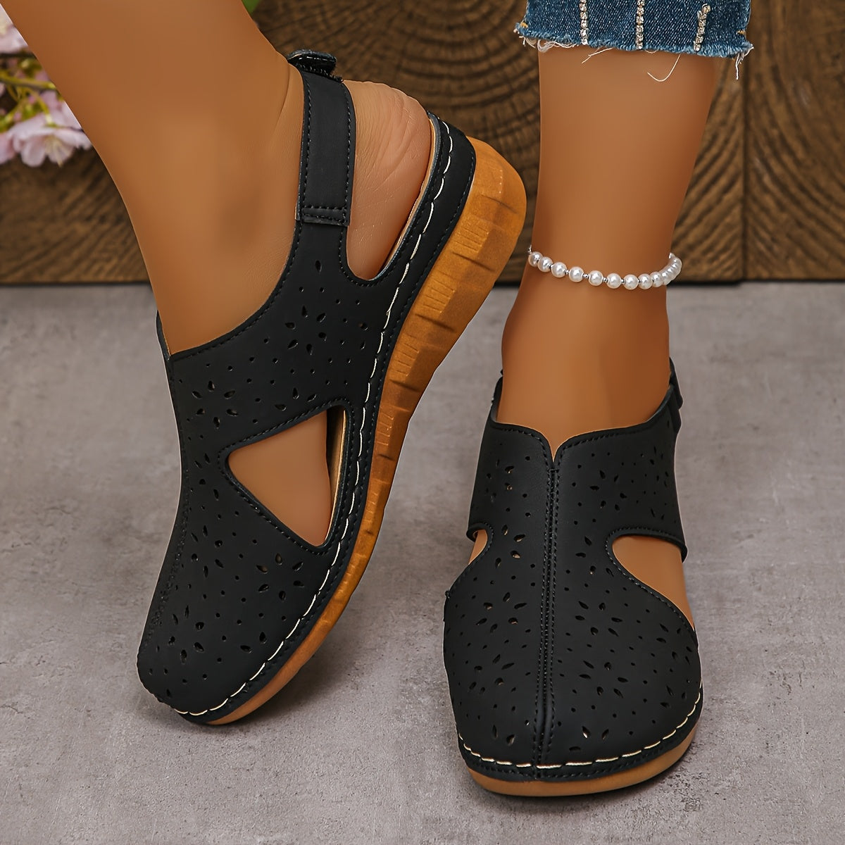 Women’s Breathable Cutout Wedge Sandals – Adjustable Strap Comfort Shoes