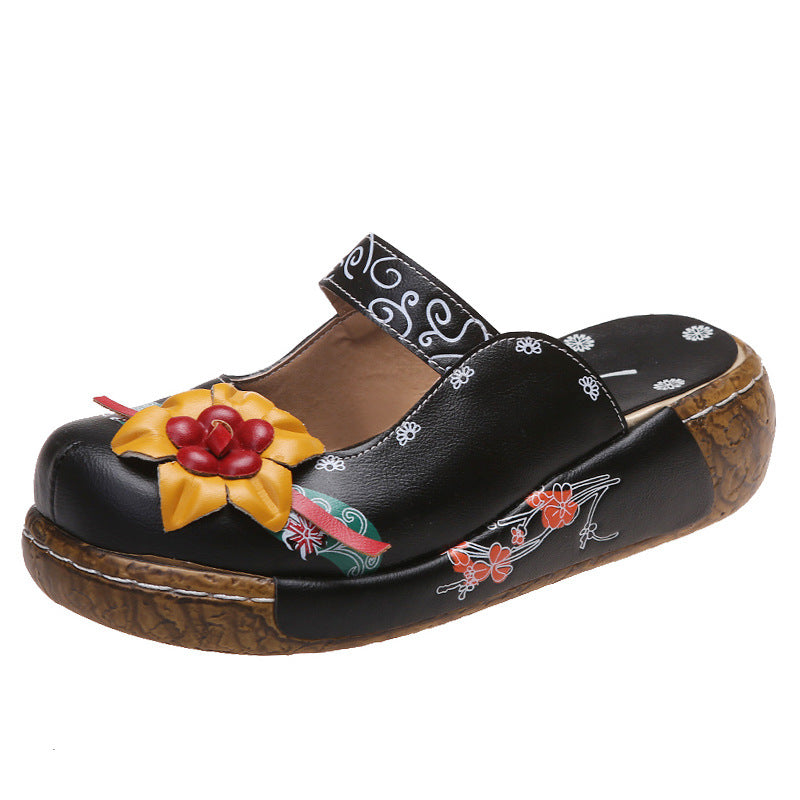 Boho Retro Floral Handmade Mules for Women – Comfy Thick Sole & Ethnic Charm