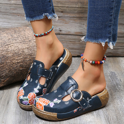 Women's Retro Ethnic Style Wedge Mules – Comfortable Thick-Soled Slip-Ons