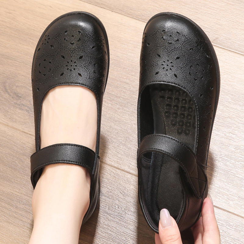 Women's Breathable Cutout Leather Flats – Soft Sole Non-Slip Summer Comfort Shoes