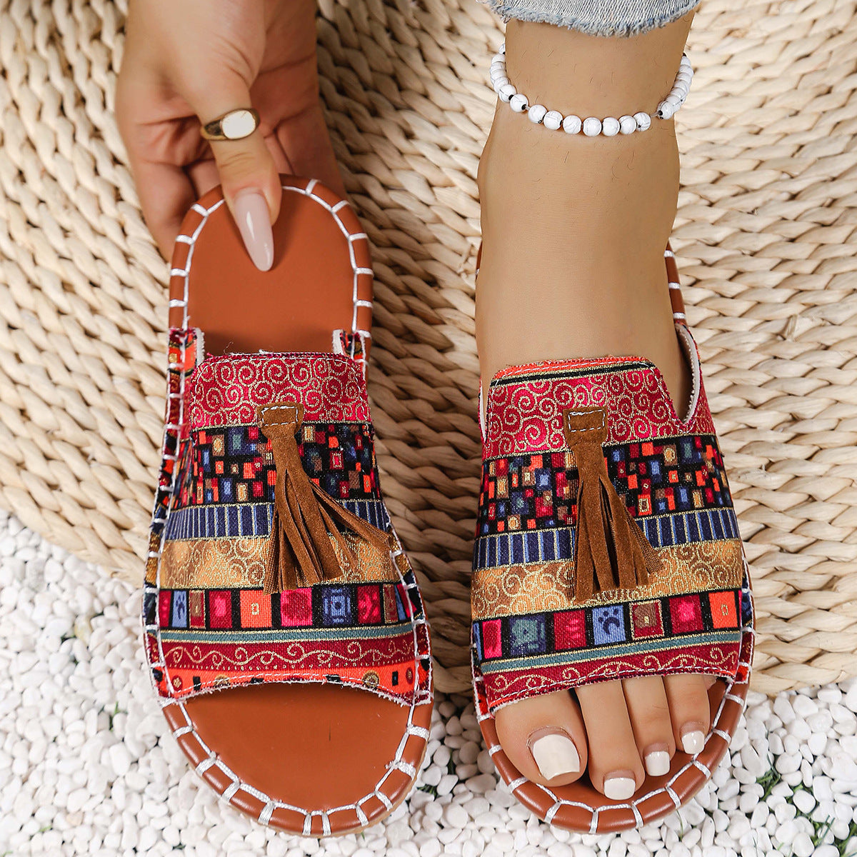 Women's Boho Tassel Sandals – Ethnic Style Summer Flats with Fringe Details