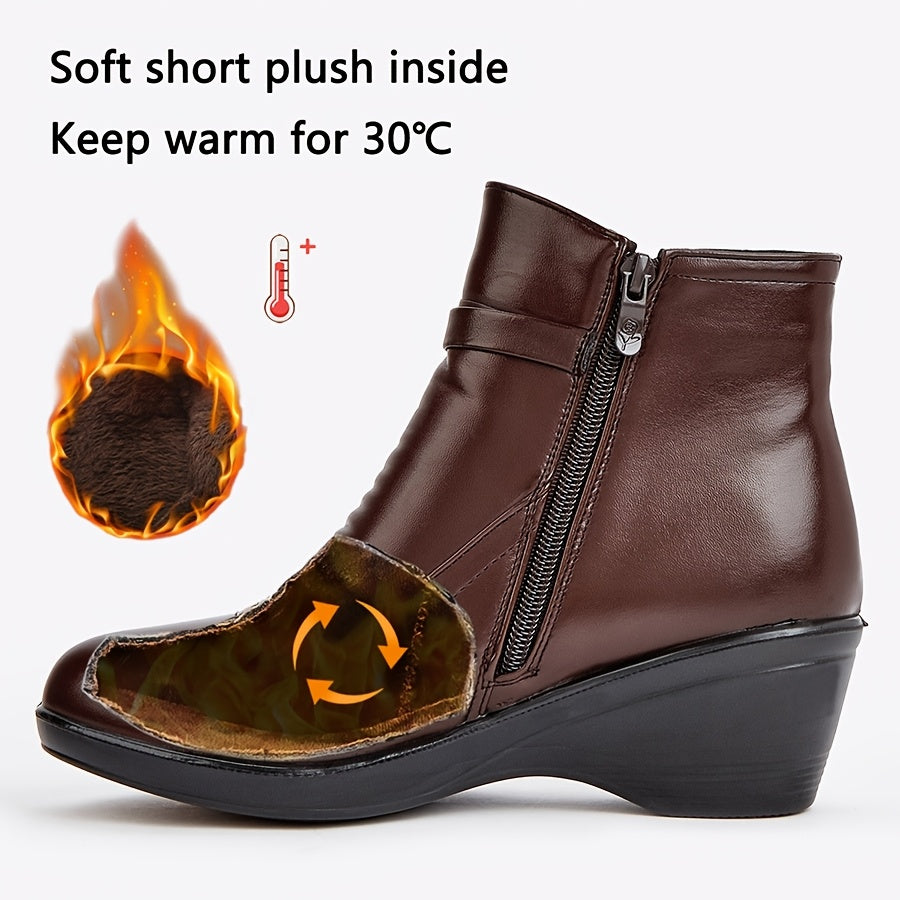 Women’s Warm Wedge Booties – Wide Width Comfort Ankle Boots with Side Zip & Bow Accent