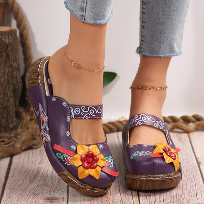 Boho Retro Floral Handmade Mules for Women – Comfy Thick Sole & Ethnic Charm