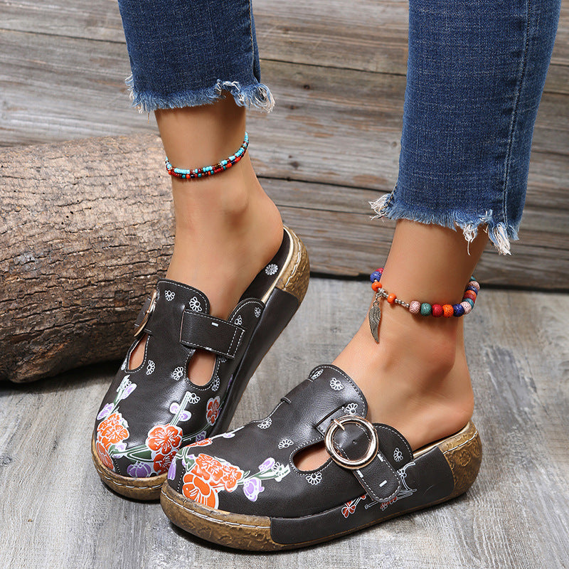 Women's Retro Ethnic Style Wedge Mules – Comfortable Thick-Soled Slip-Ons