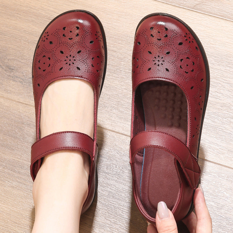 Women's Breathable Cutout Leather Flats – Soft Sole Non-Slip Summer Comfort Shoes