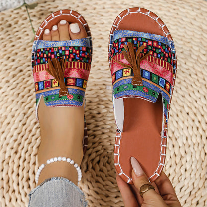 Women's Boho Tassel Sandals – Ethnic Style Summer Flats with Fringe Details