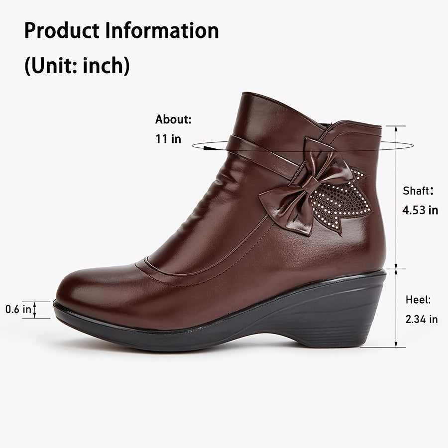 Women’s Warm Wedge Booties – Wide Width Comfort Ankle Boots with Side Zip & Bow Accent