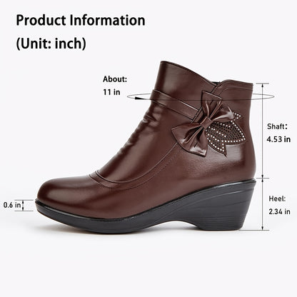 Women’s Warm Wedge Booties – Wide Width Comfort Ankle Boots with Side Zip & Bow Accent