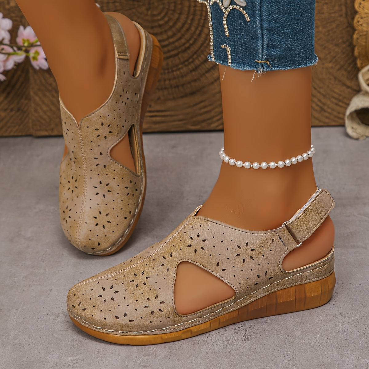 Women’s Breathable Cutout Wedge Sandals – Adjustable Strap Comfort Shoes