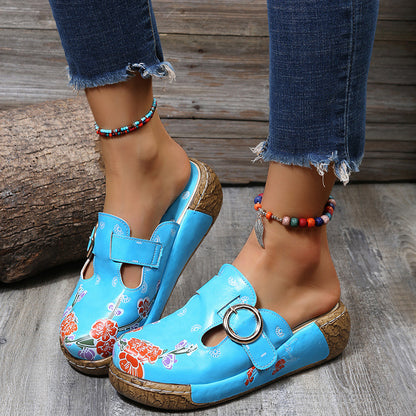 Women's Retro Ethnic Style Wedge Mules – Comfortable Thick-Soled Slip-Ons