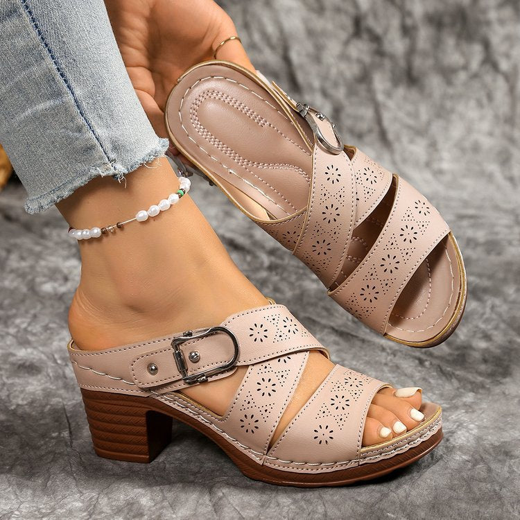 Women's Summer Cutout Chunky Heel Sandals – Stylish Comfort for Mature Feet