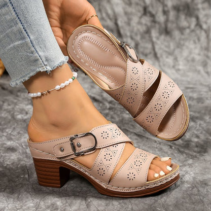 Women's Summer Cutout Chunky Heel Sandals – Stylish Comfort for Mature Feet