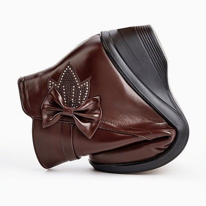 Women’s Warm Wedge Booties – Wide Width Comfort Ankle Boots with Side Zip & Bow Accent