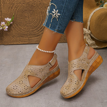 Women’s Breathable Cutout Wedge Sandals – Adjustable Strap Comfort Shoes