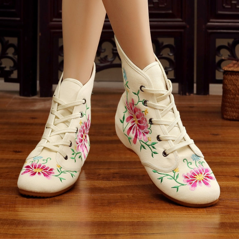 Women's Ethnic Embroidered Wedge Ankle Boots – Boho Style with Oxford Sole