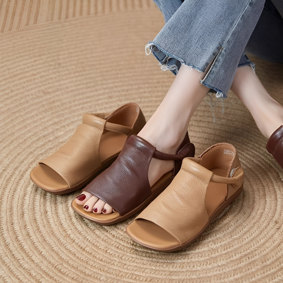 CMF Women Sandals Comfortable Open-toe Leather Summer Velcro Flat Walking Modern