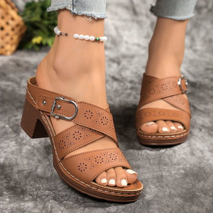 Women's Summer Cutout Chunky Heel Sandals – Stylish Comfort for Mature Feet