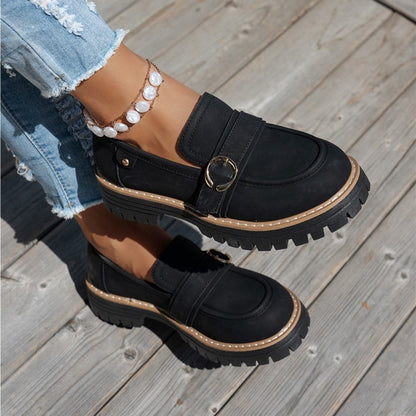 Women’s Vintage Comfort Loafers – Supportive Thick Sole with Classic Buckle Detail