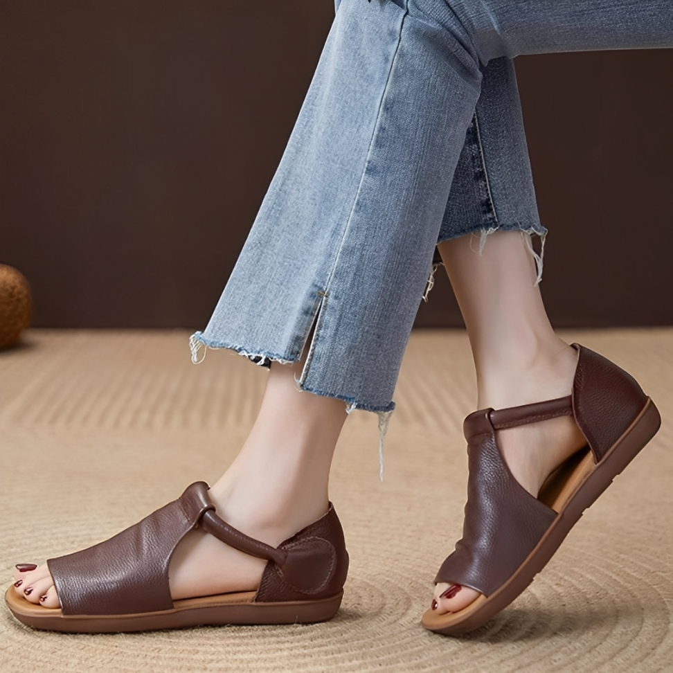 CMF Women Sandals Comfortable Open-toe Leather Summer Velcro Flat Walking Modern
