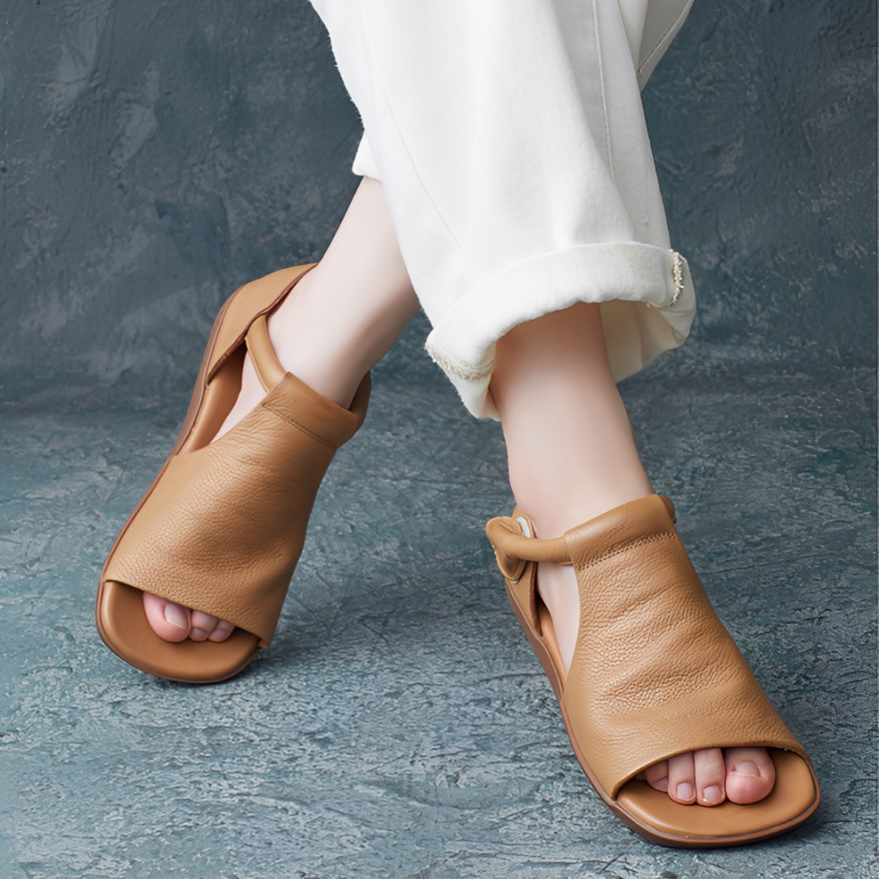 CMF Women Sandals Comfortable Open-toe Leather Summer Velcro Flat Walking Modern