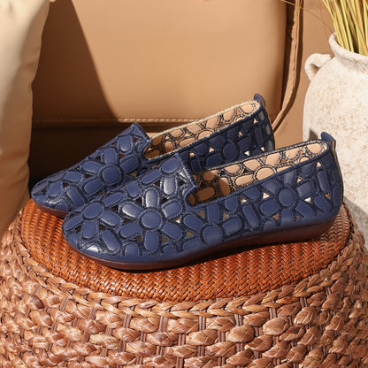 Women's Summer Embossed Flat Loafers – Breathable Square-Toe Slip-On Shoes