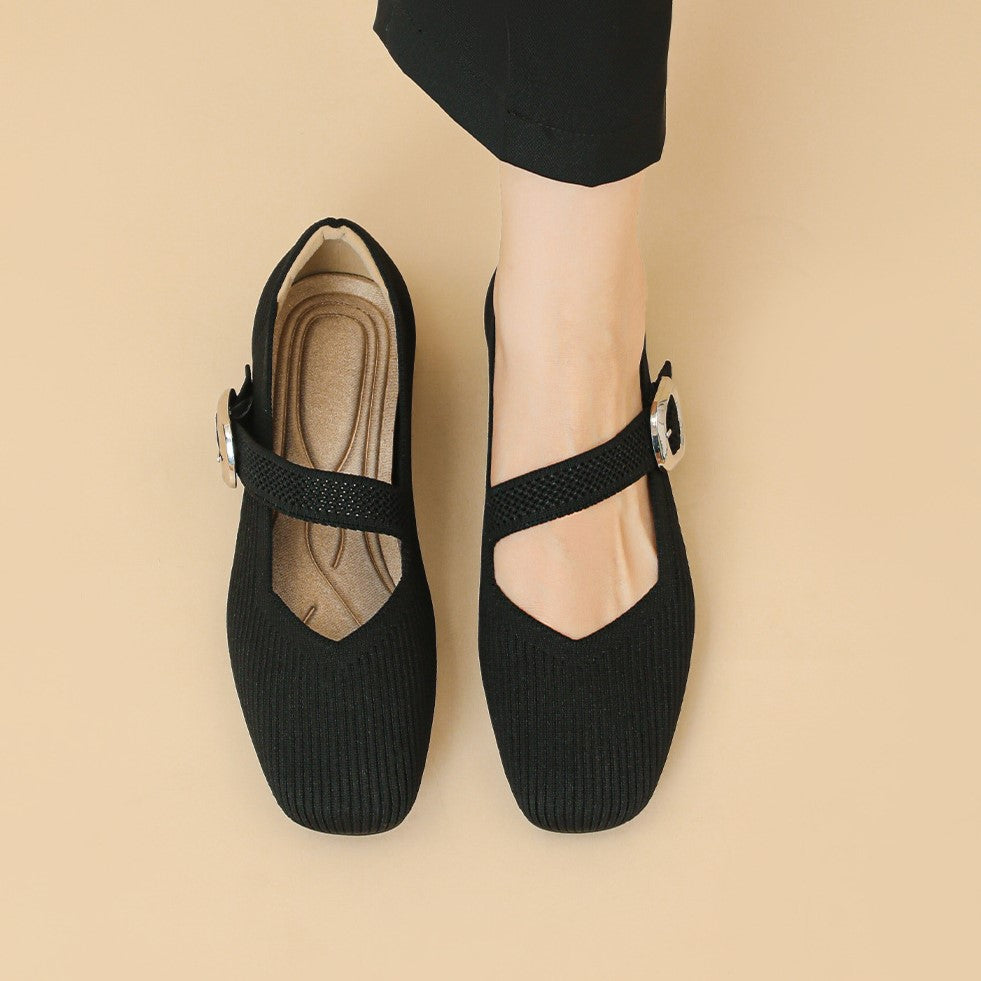 Women’s Square-Toe Mary Jane Flats with Knit Upper – Soft, Comfortable Spring & Summer Shoes