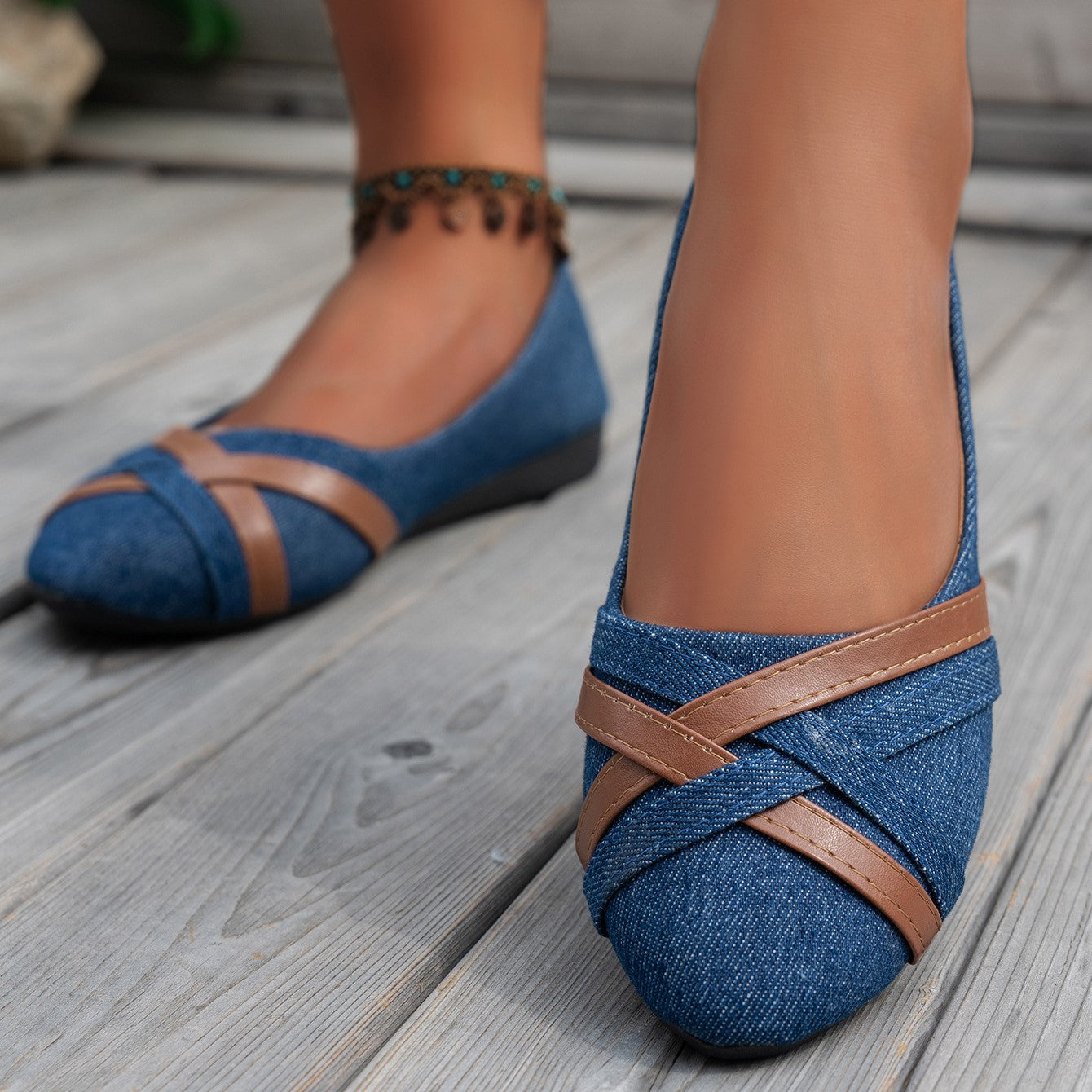 Women’s Denim Cross Strap Flats – Comfortable Casual Slip-On Shoes