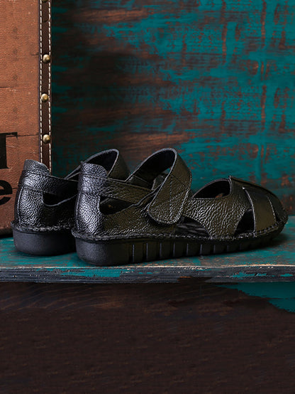 Women Summer Solid Soft Leather Spliced Flat Sandals