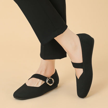 Women’s Square-Toe Mary Jane Flats with Knit Upper – Soft, Comfortable Spring & Summer Shoes