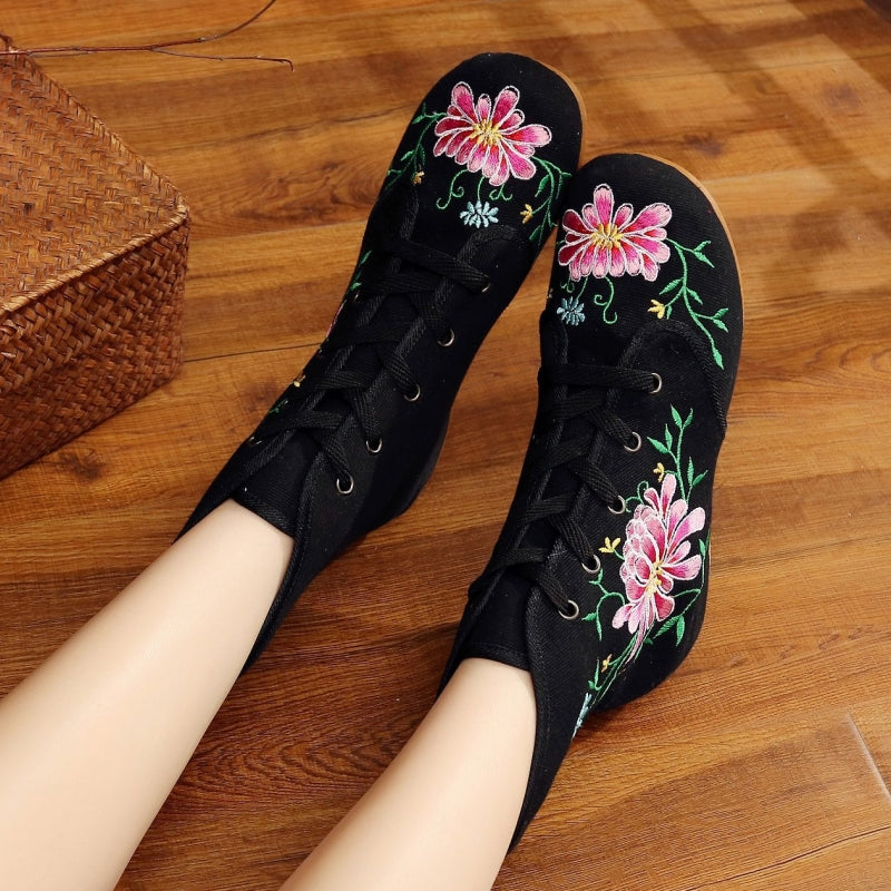 Women's Ethnic Embroidered Wedge Ankle Boots – Boho Style with Oxford Sole