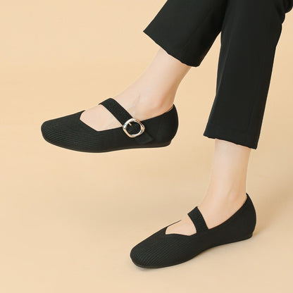 Women’s Square-Toe Mary Jane Flats with Knit Upper – Soft, Comfortable Spring & Summer Shoes
