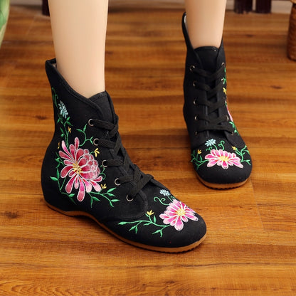 Women's Ethnic Embroidered Wedge Ankle Boots – Boho Style with Oxford Sole