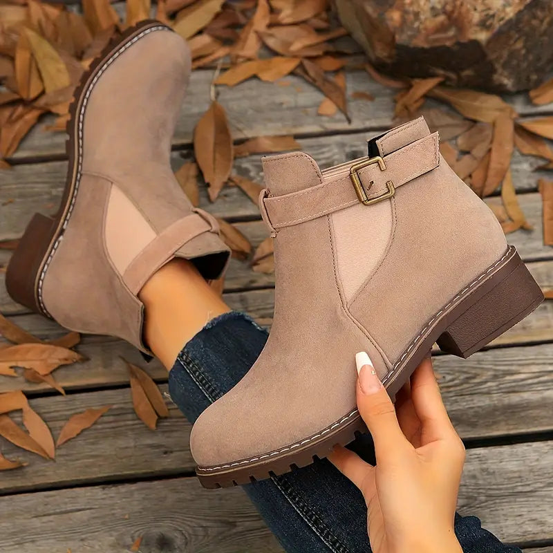 Women’s Low Heel Ankle Boots – Slip-On Comfort with Buckle Strap & Durable Sole