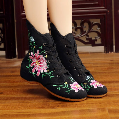 Women's Ethnic Embroidered Wedge Ankle Boots – Boho Style with Oxford Sole