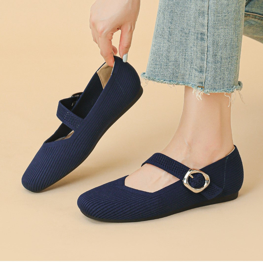 Women’s Square-Toe Mary Jane Flats with Knit Upper – Soft, Comfortable Spring & Summer Shoes