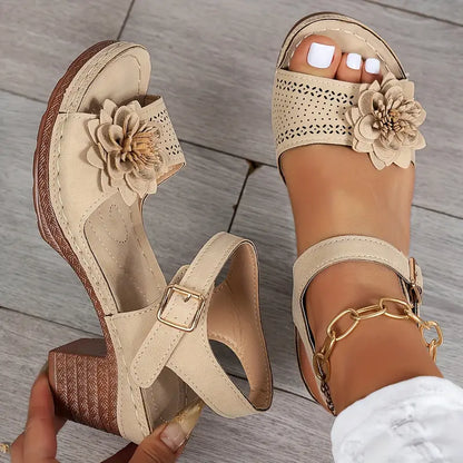Women’s Comfortable Wedge Sandals – Floral Cutout, Peep Toe, Secure Ankle Strap