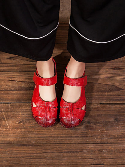 Women Summer Solid Soft Leather Spliced Flat Sandals