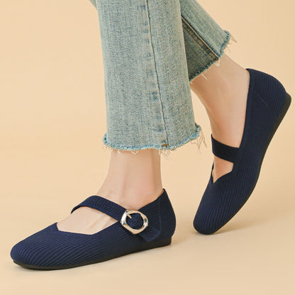 Women’s Square-Toe Mary Jane Flats with Knit Upper – Soft, Comfortable Spring & Summer Shoes