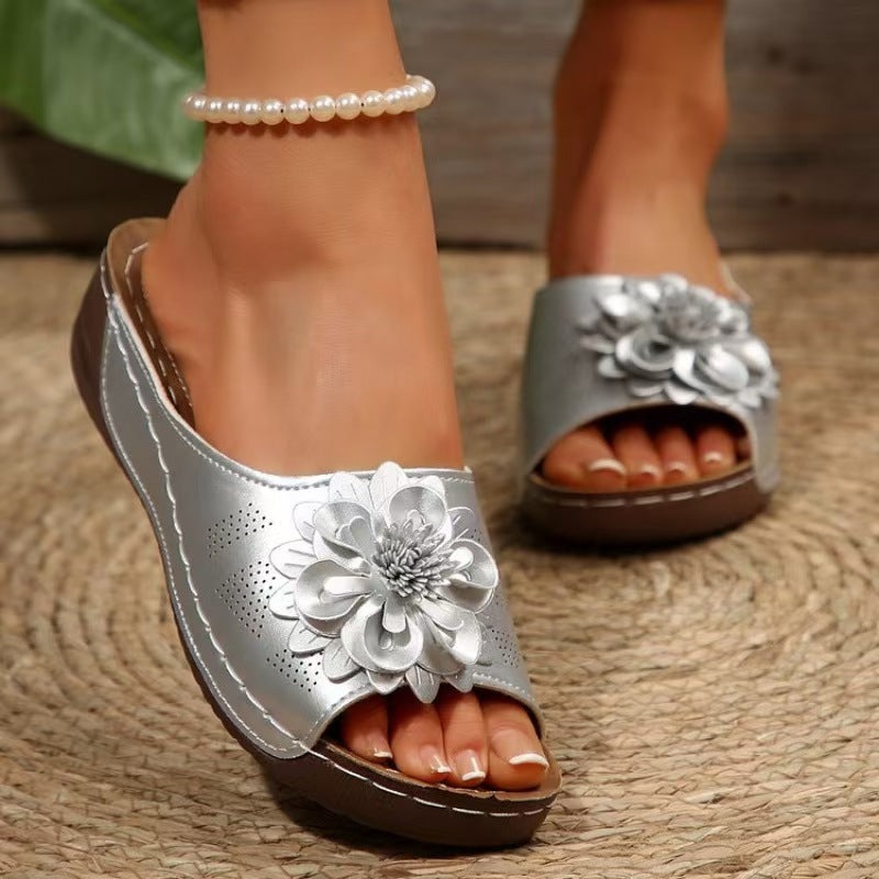 Women's Floral Wedge Sandals – Open-Toe Slip-Ons for Casual Summer Outings