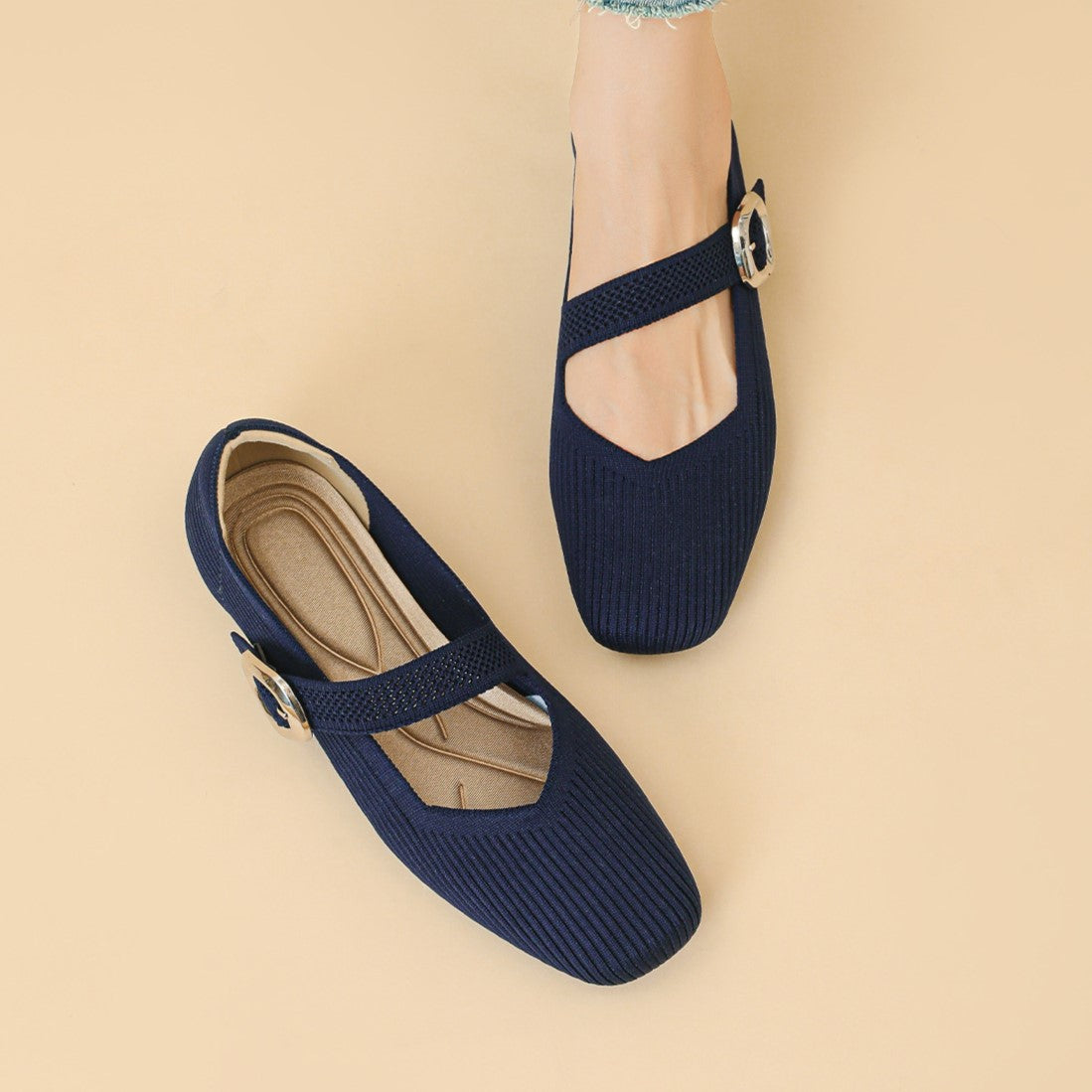 Women’s Square-Toe Mary Jane Flats with Knit Upper – Soft, Comfortable Spring & Summer Shoes