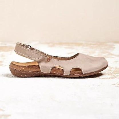 Women's Soft Leather Flat Sandals – Round Toe & Open Ankle Comfort Design