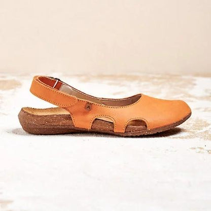 Women's Soft Leather Flat Sandals – Round Toe & Open Ankle Comfort Design