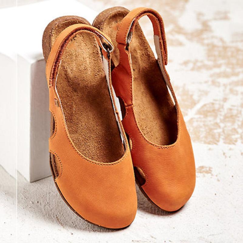 Women's Soft Leather Flat Sandals – Round Toe & Open Ankle Comfort Design