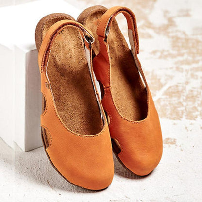 Women's Soft Leather Flat Sandals – Round Toe & Open Ankle Comfort Design