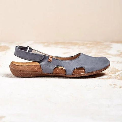 Women's Soft Leather Flat Sandals – Round Toe & Open Ankle Comfort Design