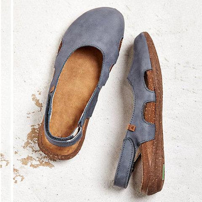 Women's Soft Leather Flat Sandals – Round Toe & Open Ankle Comfort Design